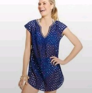 Lilly Pulitzer For Target Medium Navy Blue Eyelet Cover Up Metal Rivets Swim